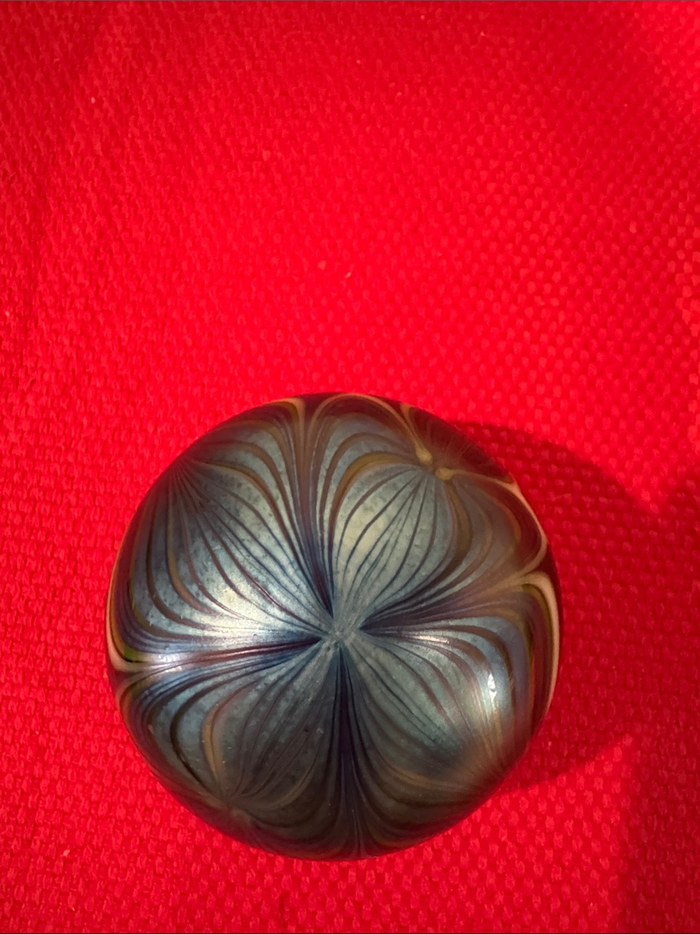 Signed Iridescent Blue  green, gold Glass Paperweight. signed 1975